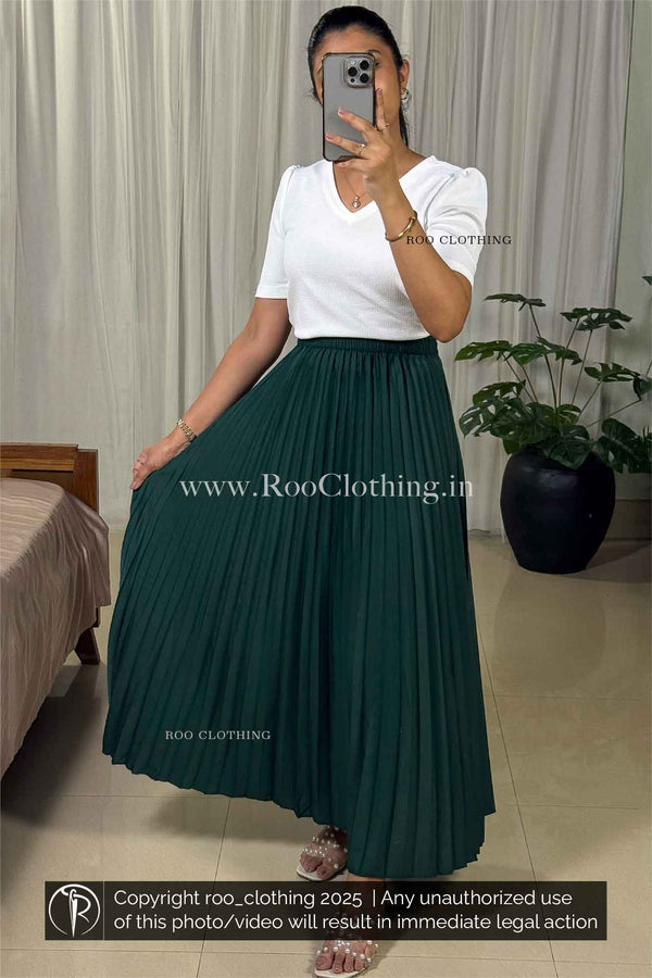 Full-Length Plain Dark Green Accordion Pleated Skirt Only