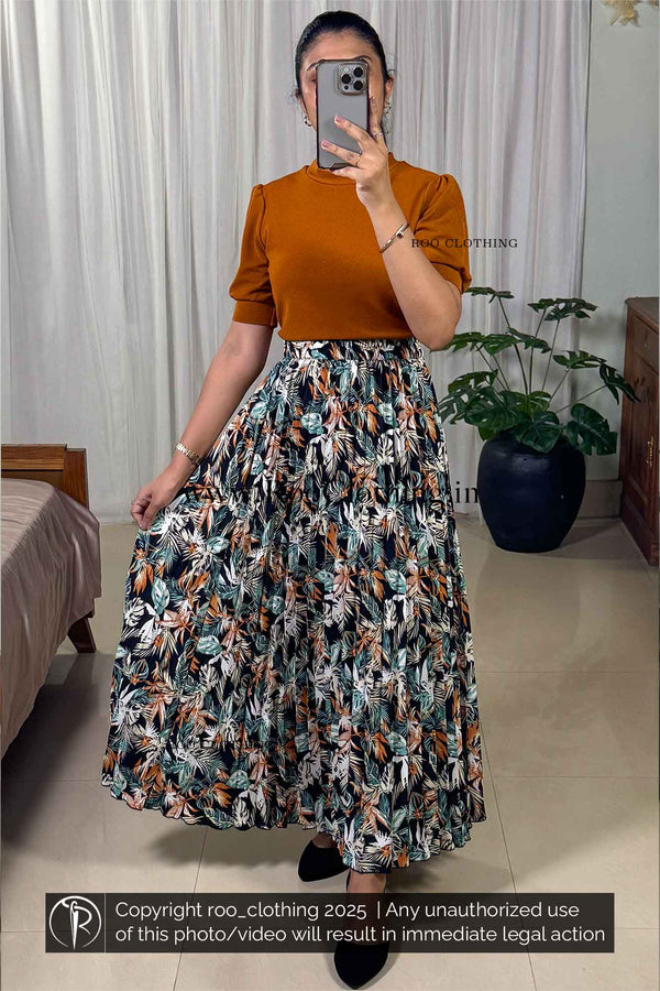 Full Length Retro Summer Leaves Accordion Pleated Skirt Only