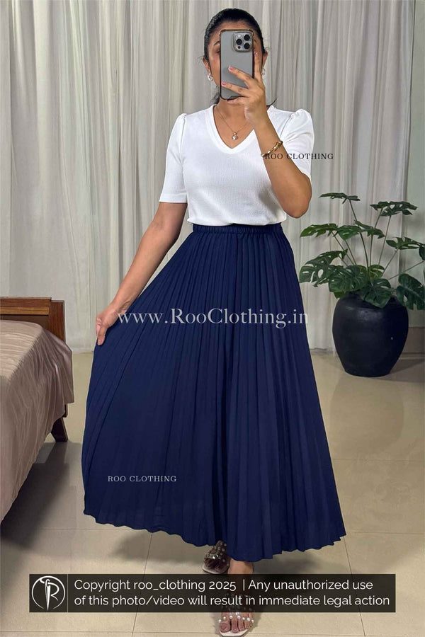 Full-Length Plain Navy Blue Accordion Pleated Skirt Only