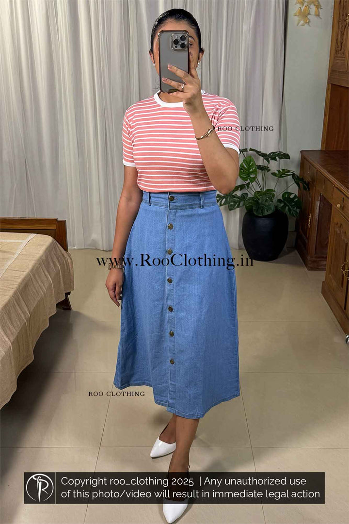 Classic Peach & White Striped Crew Neck Half Sleeve Top – Women’s Casual Hosiery Tee paired with light blue denim skirt