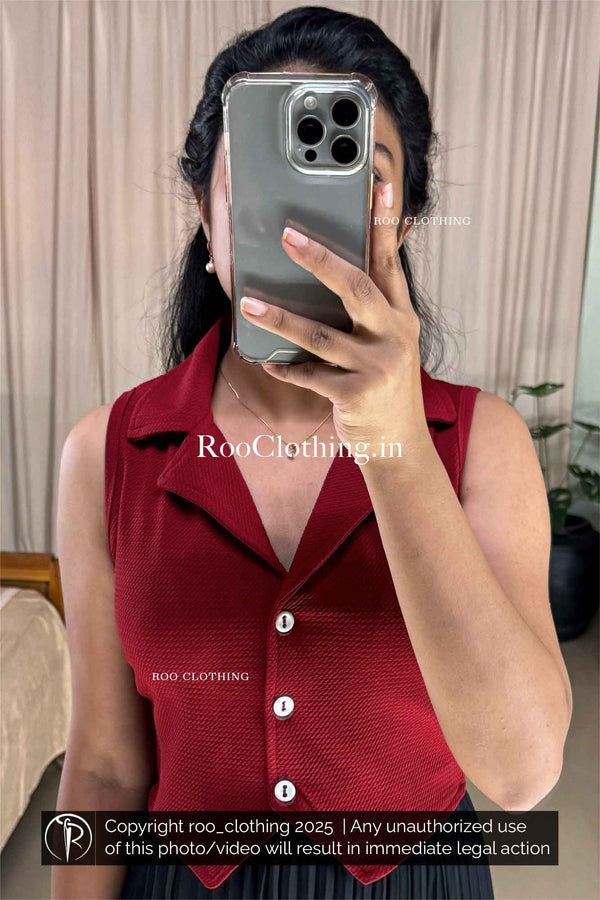 Sleeveless Maroon Notch Collared Button-Up Crop Top Only