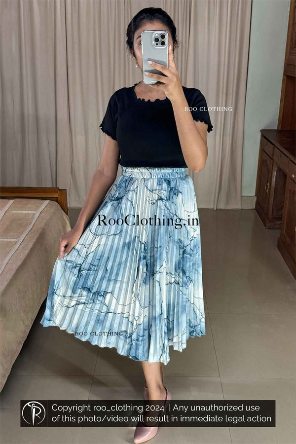 Blue Marble Print Accordion Pleated Skirt Only