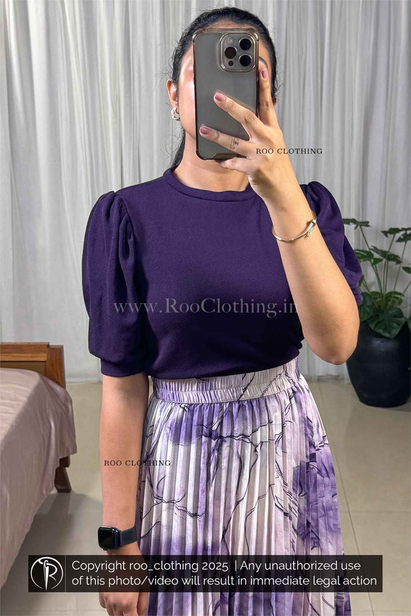 Purple Shade Crew Neck Puff Sleeves Top Only