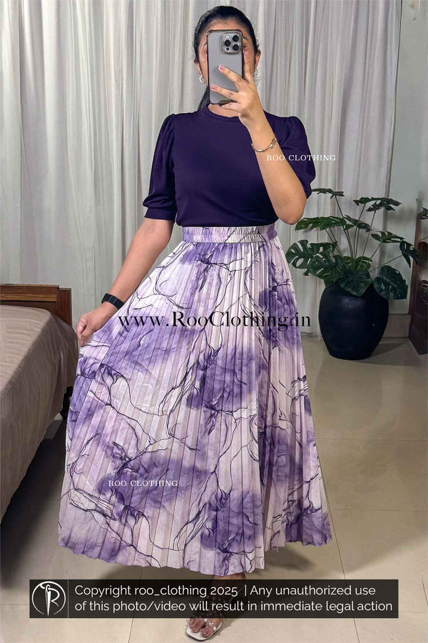 Full Length Purple Marble Print Accordion Pleated Skirt Only