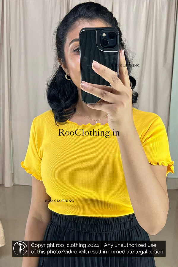 Yellow Half-sleeve Rib Knitted Top With Lettuce Hemline (Top Only)