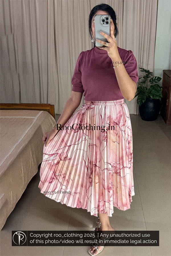 Dusky Rose Marble Print Accordion Pleated Skirt Only