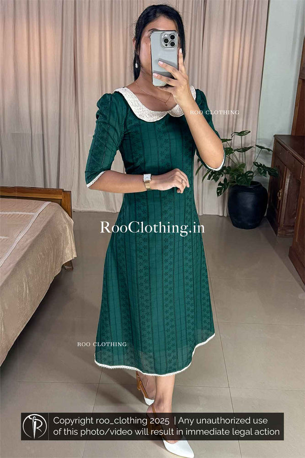 Green A-Line Frock with Peter Pan Collar and Lace Detailing