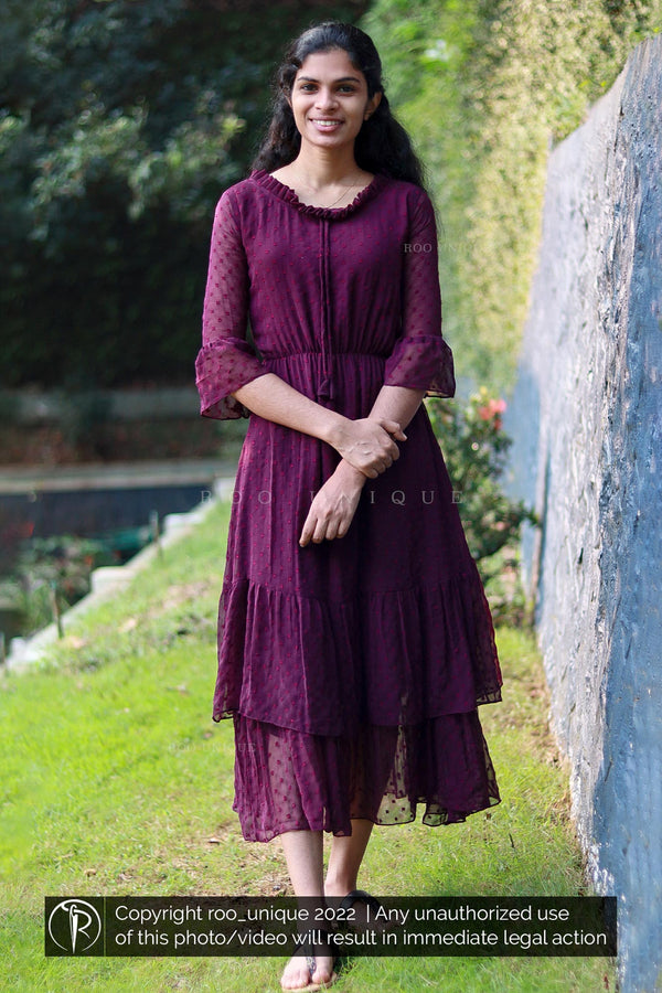 Grape Wine Frock With Two Layered Hem Line