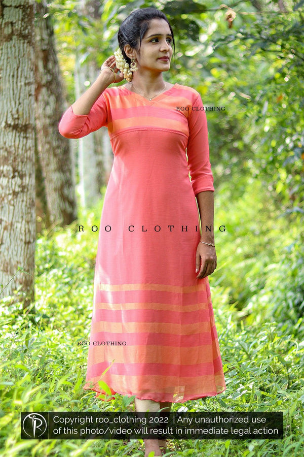 Peach Chiffon Dress With Golden Kasavu Border