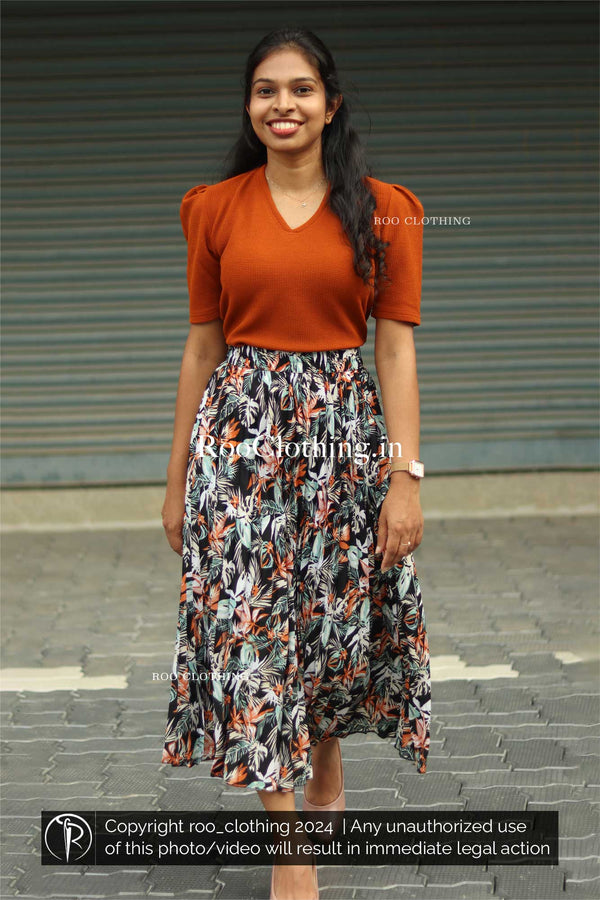 Retro Summer Leaves Printed Pleated Skirt Only