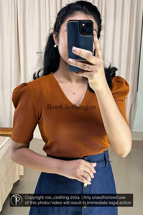 Burnt Orange Shade V Neck Top With Puff Sleeves (Top Only)