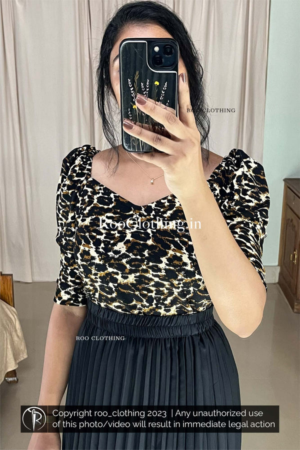 Sweet Heart Neckline Leopard Printed Puff Sleeve Top Only