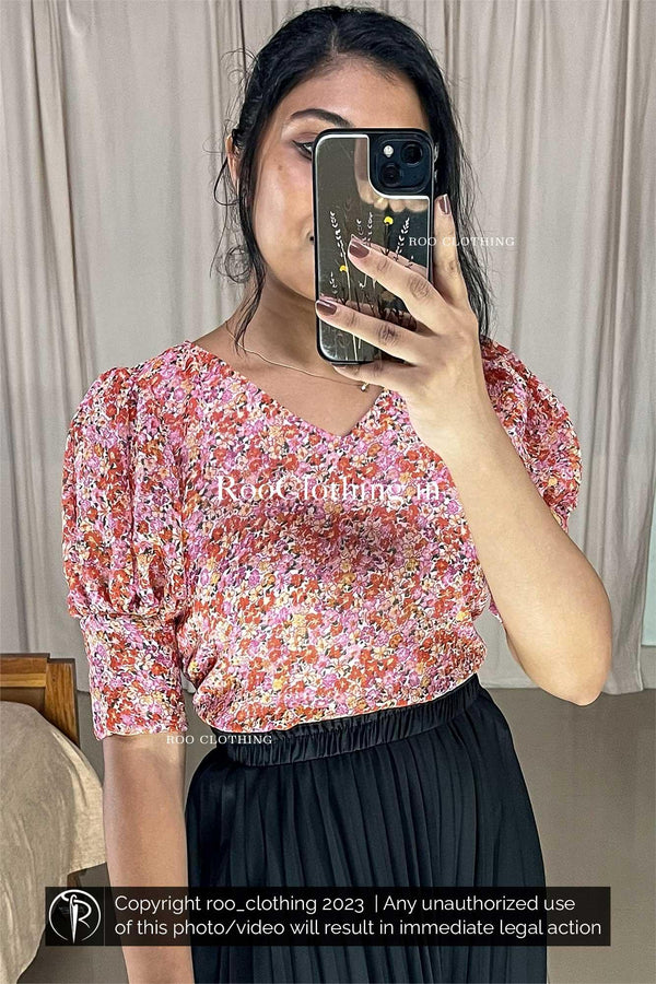 Pink Floral Printed V-neck Top With Puff Sleeves (Top Only)