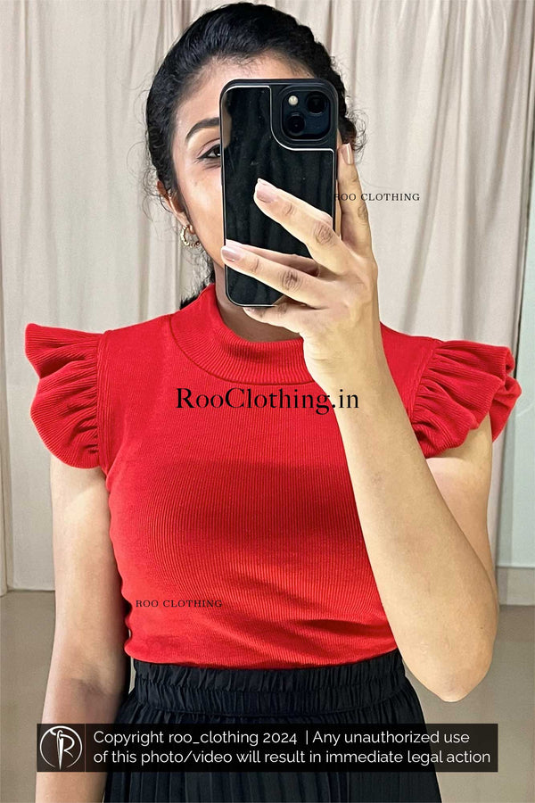 Red Frill Cap Sleeved Rib Knitted Top With Crew Neck (Top Only)