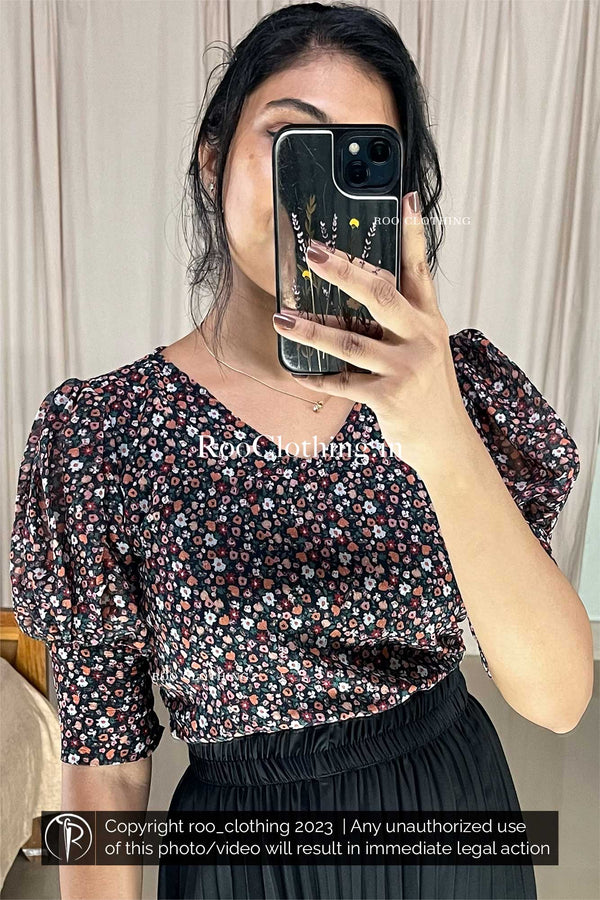 Black Floral Printed V-neck Top With Puff Sleeves (Top only)