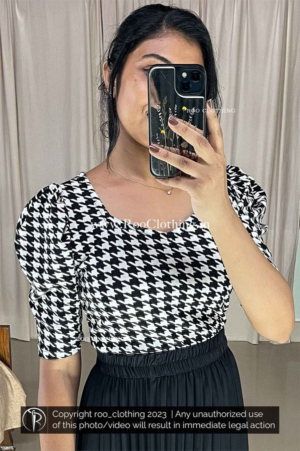 Black And White Checked T-shirt With Puff Sleeves (Top Only)