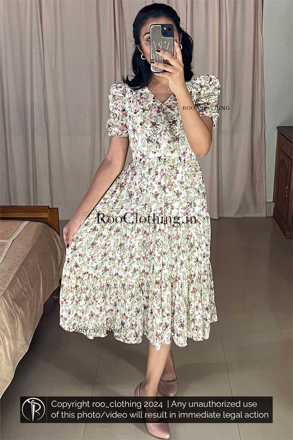Off-white Floral Printed Tiered Midi Dress