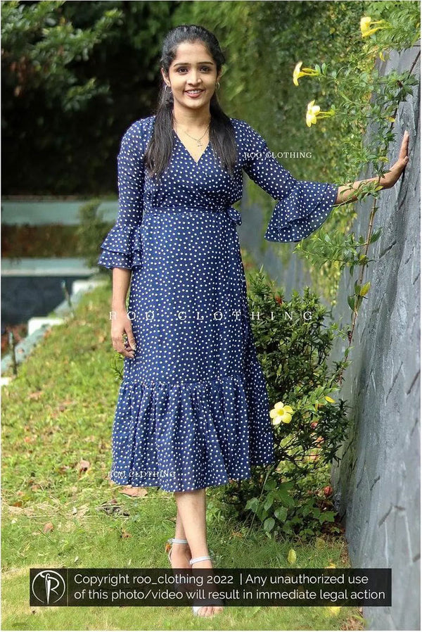 Blue Polka Dotted Semi-wrapped Dress With Umbrella Sleeves