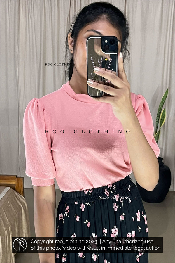 Peachish Pink Crew Neck Puff Sleeves Top Only