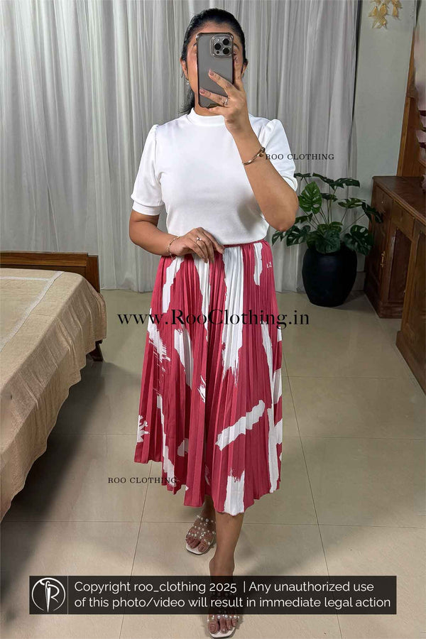 Bold Abstract White Print Pink Accordion Pleated Skirt Only