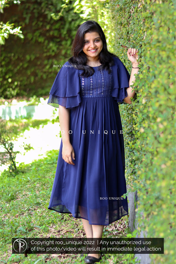 Navy Blue Sequence Embroidered A-line Kurti