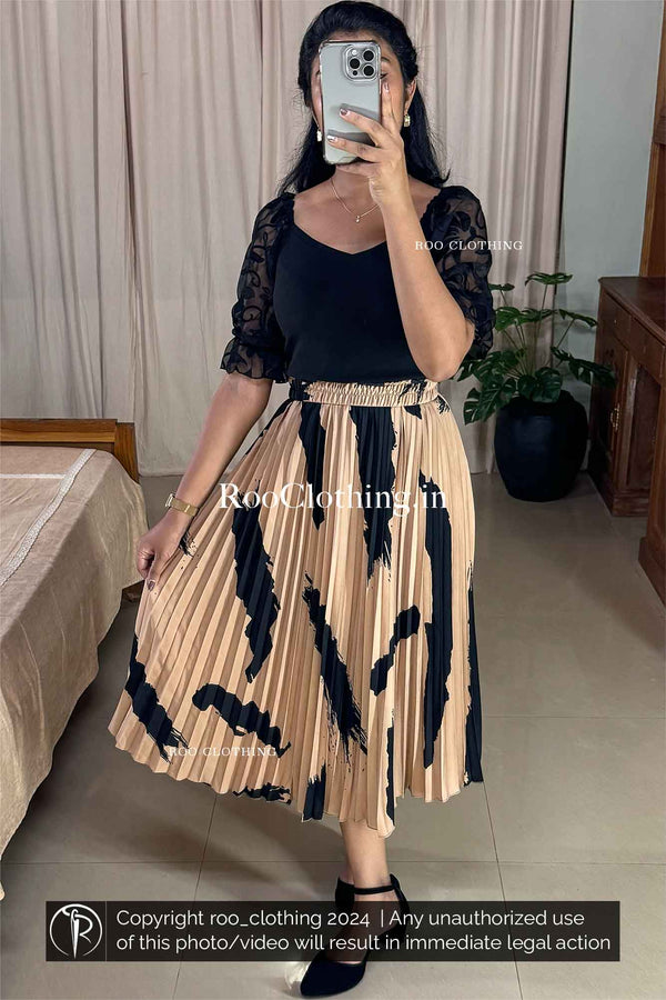 Beige Accordion Pleated Midi Skirt with Bold Abstract Black Print (Skirt Only)