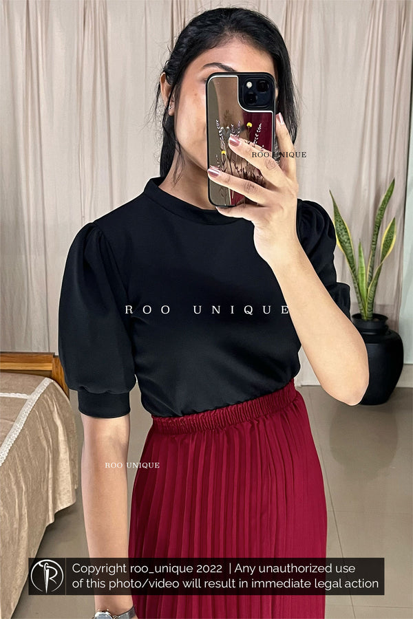 Black Crew Neck Puff Sleeves Top Only
