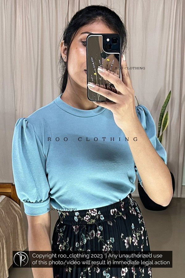 Aqua Blue Crew Neck Puff Sleeves Top Only