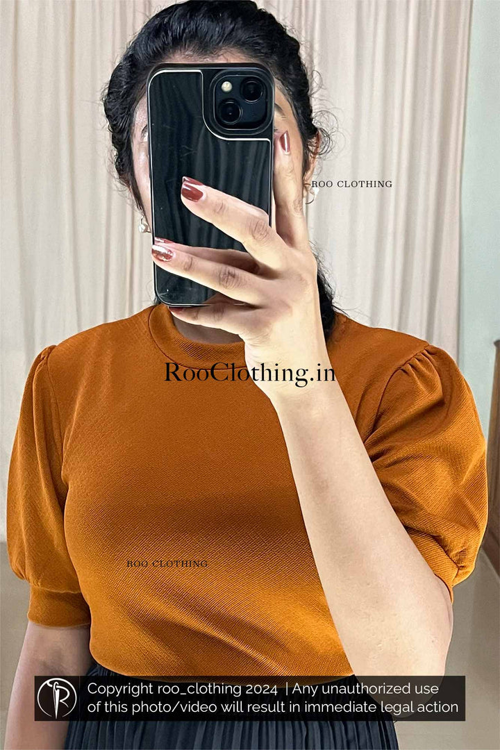 Burnt Orange Crew Neck Puff Sleeves Top