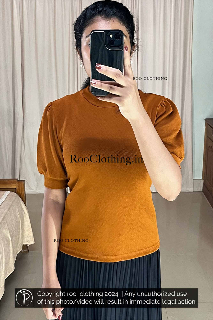 Burnt Orange Crew Neck Puff Sleeves Top