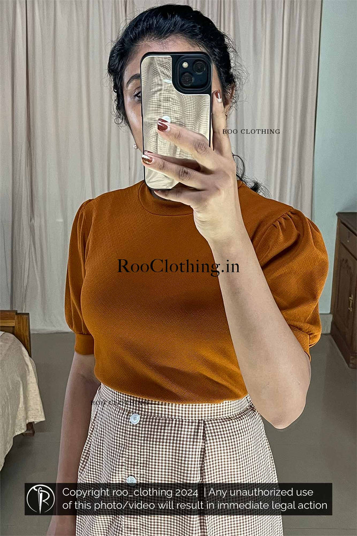 Caramel And White Check Skirt Paired with Burnt Orange Crew Neck Puff Sleeves Top Roo clothing India