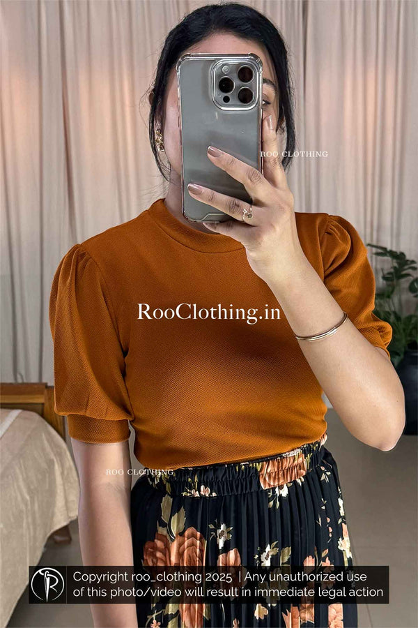 Crew Neck Puff Sleeves Top in Burnt Orange Shade (Top Only)