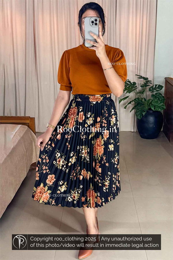Midi Length Rustic Blossom Accordion Pleated Skirt Only