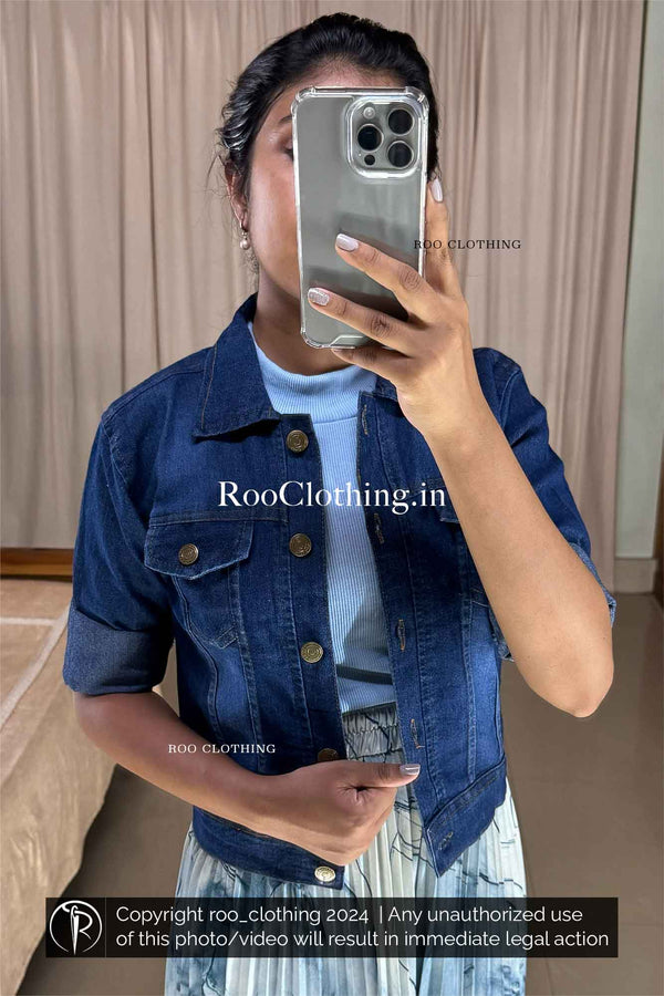 Dark blue Women Solid Denim Jacket Only