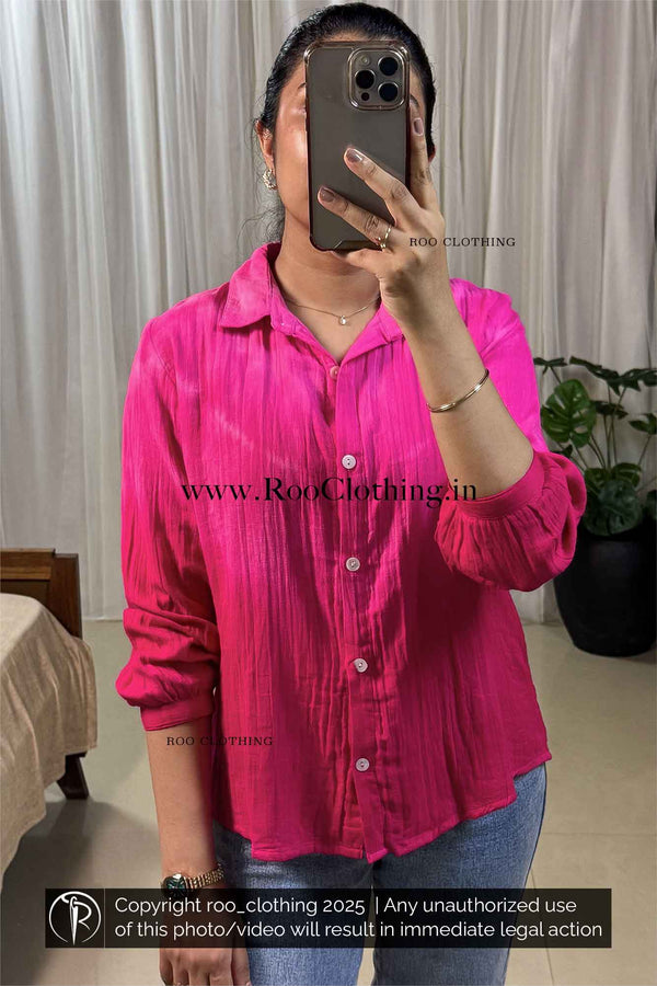 Fuchsia Pink Ombre Tie-Dyed Loose Fit Full Sleeve Women's Cotton Shirt