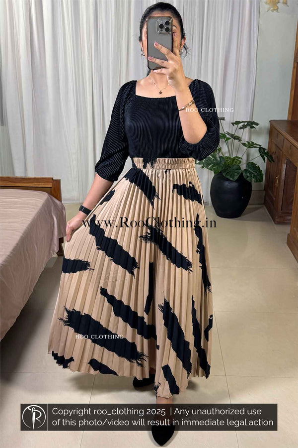 Full Length Beige Accordion Pleated Skirt with Bold Abstract Black Print (Skirt Only)