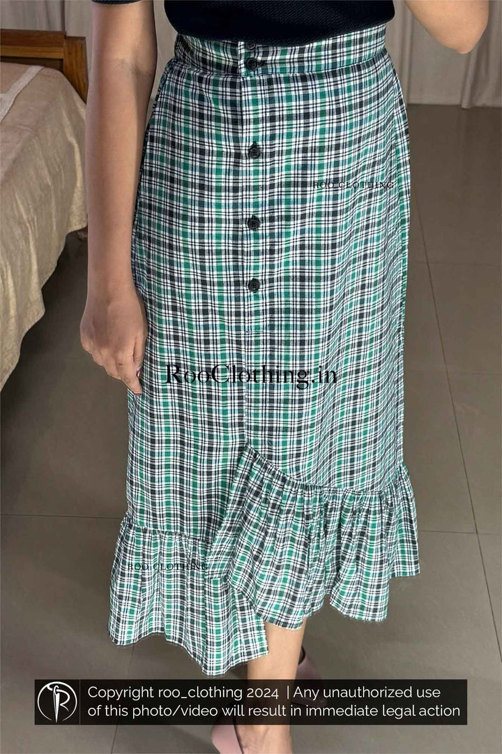 Green Tartan Checked A-Line Cotton Skirt with Layered Frill Hem paired with Black Shade V Neck Top With Puff Sleeves Roo Clothing India Kerala