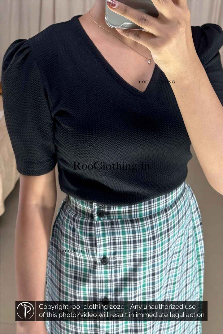 Green Tartan Checked A-Line Cotton Skirt with Layered Frill Hem paired with Black Shade V Neck Top With Puff Sleeves Roo Clothing India Kerala