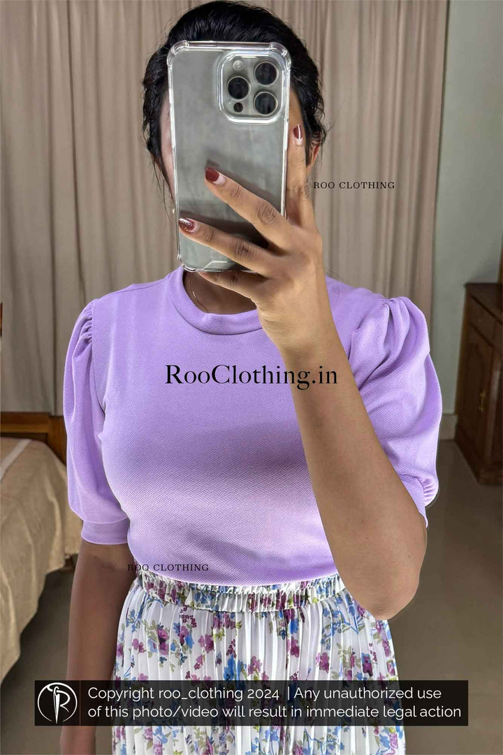 Lavender Crew Neck Puff Sleeves Top paired with Lavender Floral Printed White Accordion Pleated Skirt   Roo Clothing Kerala India 