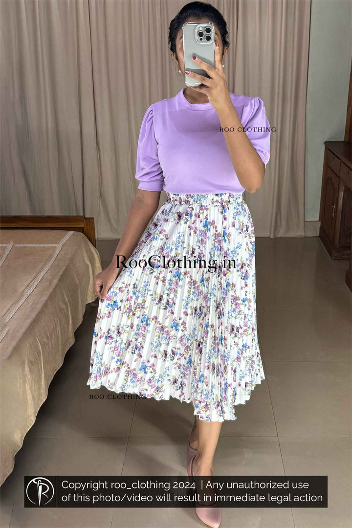 Lavender Crew Neck Puff Sleeves Top paired with Lavender Floral Printed White Accordion Pleated Skirt   Roo Clothing Kerala India 