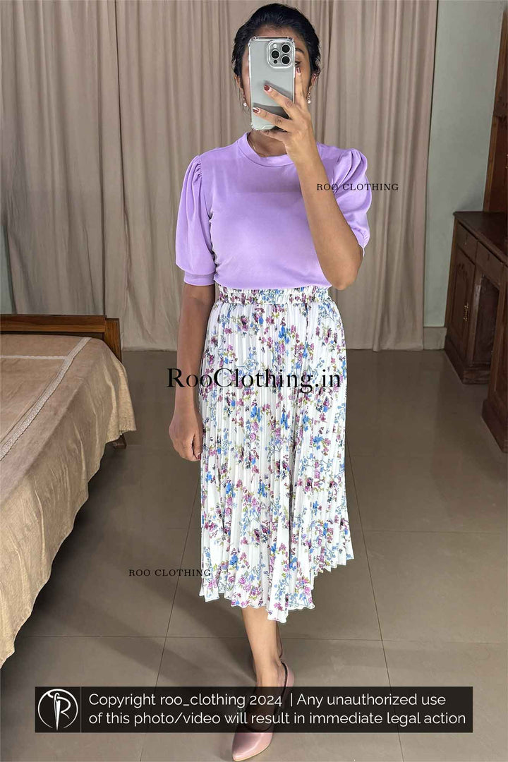 Lavender Crew Neck Puff Sleeves Top paired with Lavender Floral Printed White Accordion Pleated Skirt   Roo Clothing Kerala India 