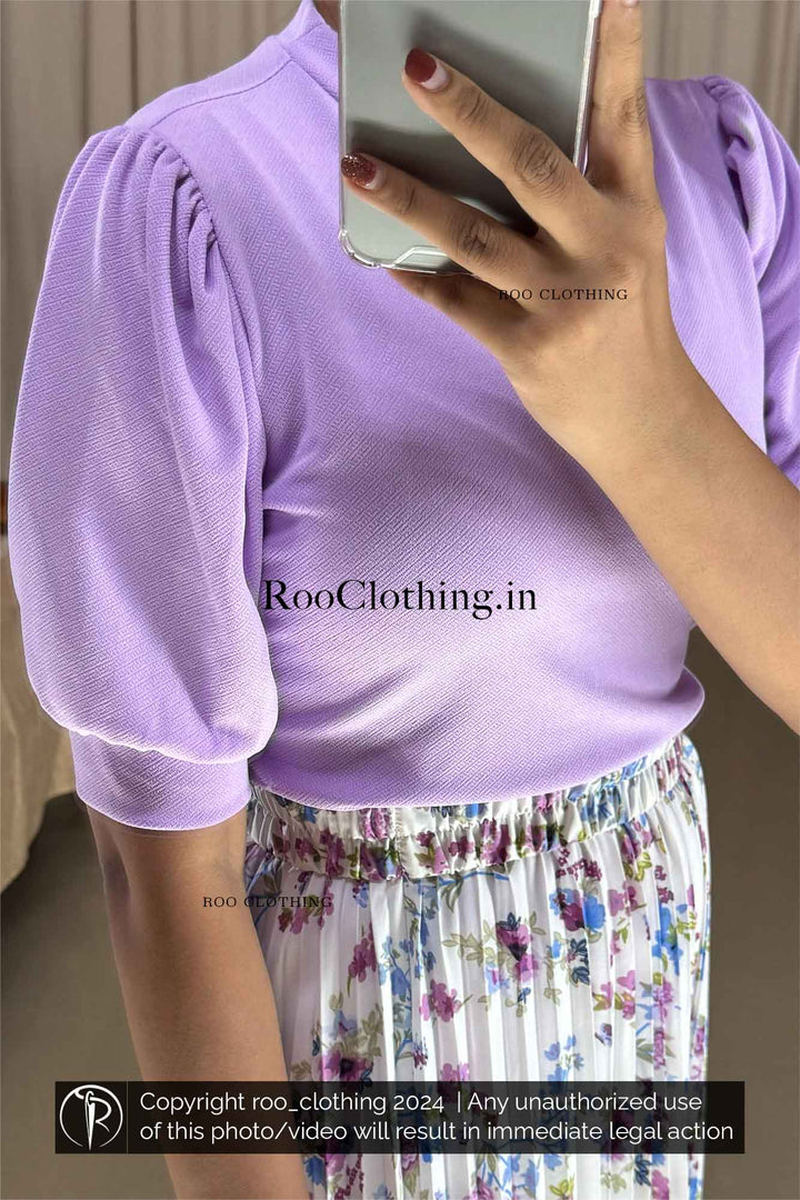 Lavender Crew Neck Puff Sleeves Top paired with Lavender Floral Printed White Accordion Pleated Skirt   Roo Clothing Kerala India 