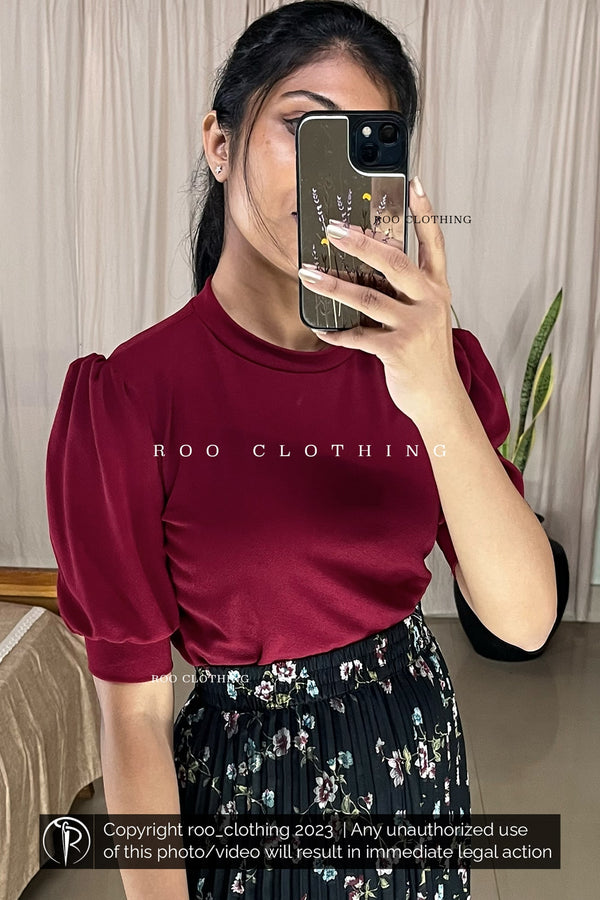 Maroon Crew Neck Puff Sleeves Top Only