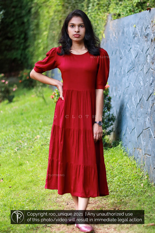 Maroon Fit & Flare Tiered A-Line Dress