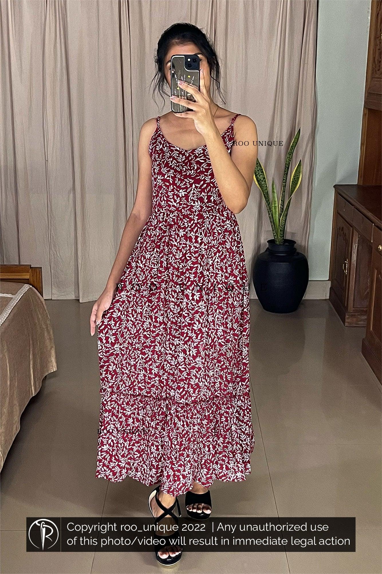 Maroon Leaves Printed Noodle Strapped Frock With Adjustable Strap (Dre ...
