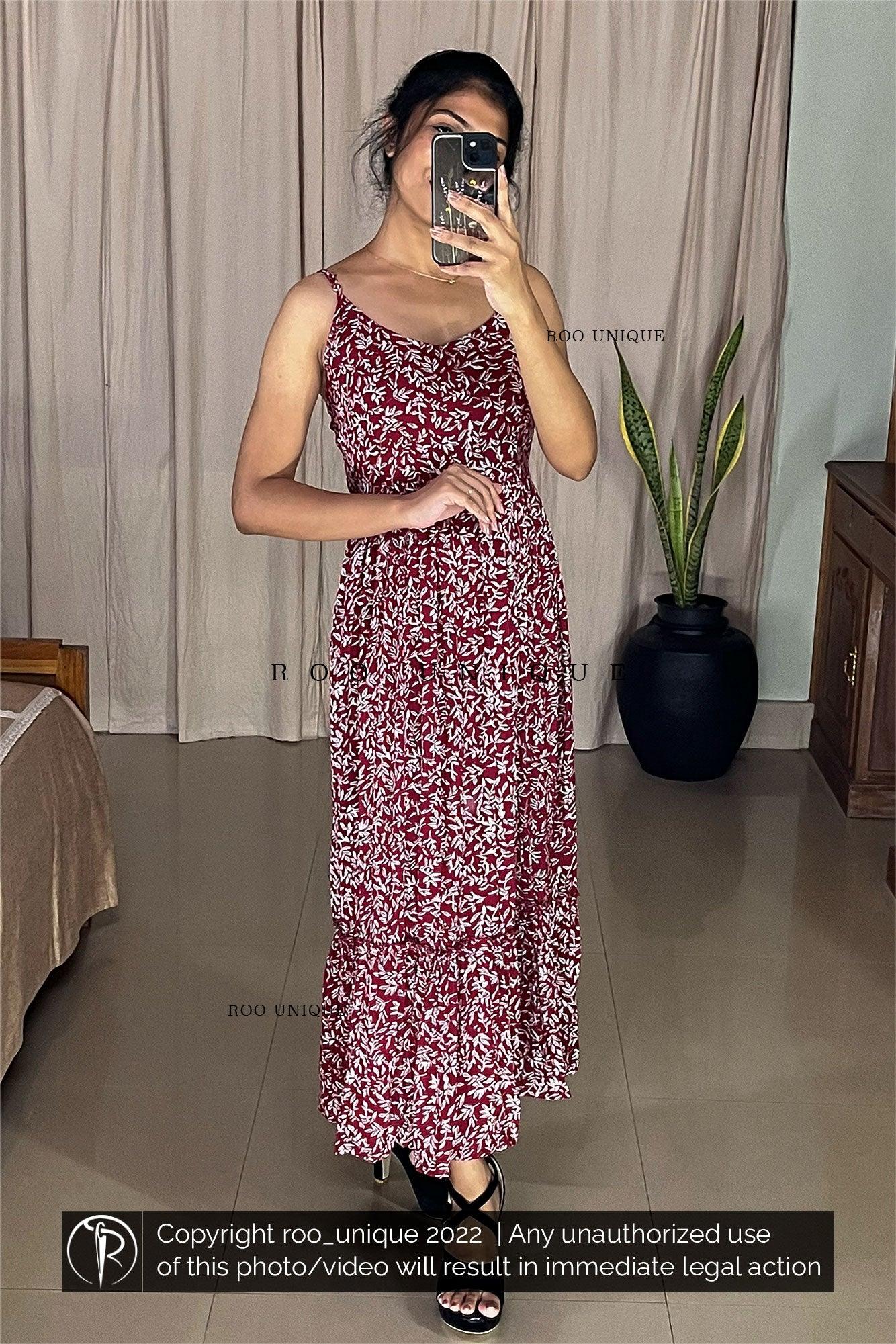 Maroon Leaves Printed Noodle Strapped Frock With Adjustable Strap (Dre ...
