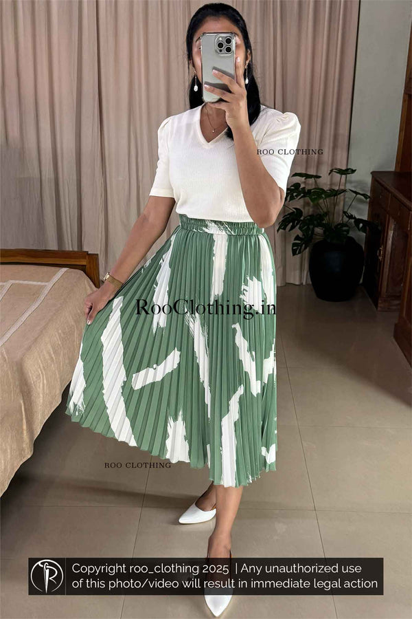 Bold Abstract White Print Mint Green Accordion Pleated Skirt Only