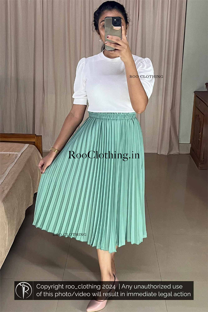 Mint Green Accordion Pleated Skirt paired with White Crew Neck Puff Sleeves Top Roo Clothing India Kerala