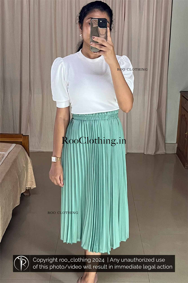 Mint Green Accordion Pleated Skirt paired with White Crew Neck Puff Sleeves Top Roo Clothing India Kerala