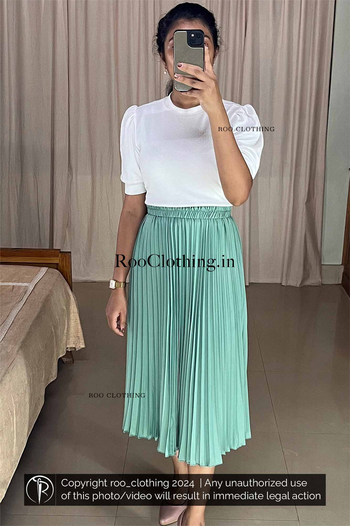 Mint Green Accordion Pleated Skirt paired with White Crew Neck Puff Sleeves Top Roo Clothing India Kerala